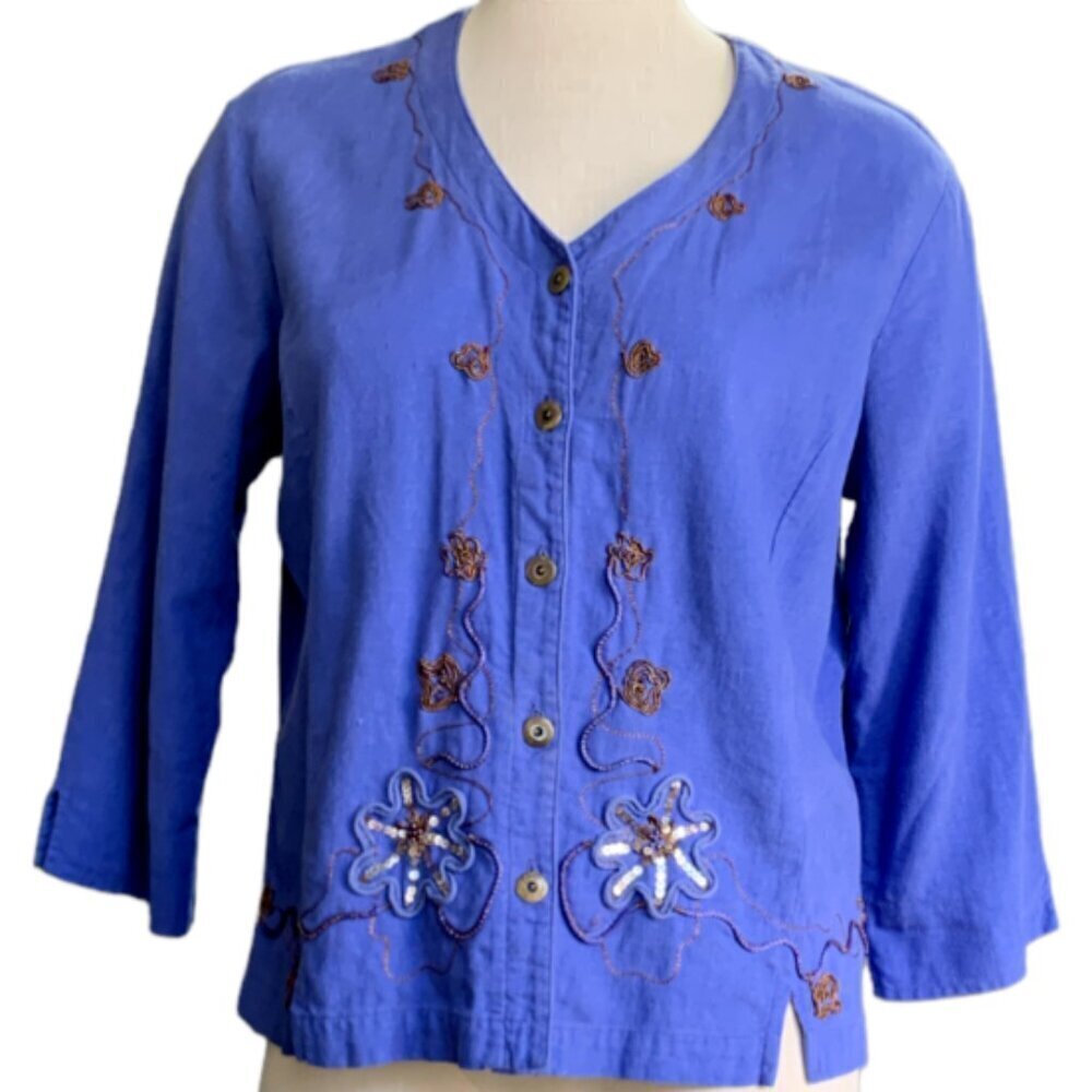 Napa‎ Valley Linen Rayon Embellished Jacket Top L Purple #57M